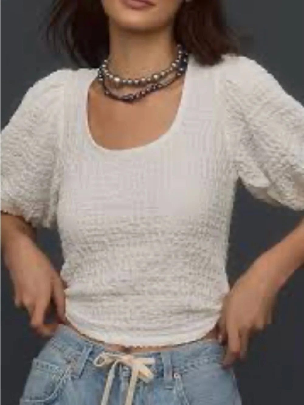 Anthropologie Cream Textured Puff-Sleeve Crop Top